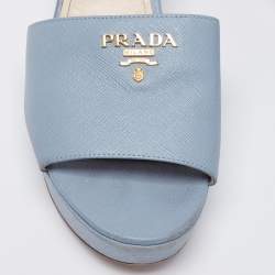 Pre Owned Prada Blue Saffiano Leather Block Heel Slide Sandals Size 41