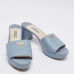 Pre Owned Prada Blue Saffiano Leather Block Heel Slide Sandals Size 41
