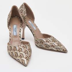 Pre Owned Prada Beige Brocade Fabric Pumps Size 37.5