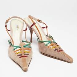 Pre Owned Prada Beige/Multicolor Suede, Leather and Patent Slingback Pumps Size 41