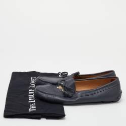 Pre Owned Prada Navy Blue Saffiano Leather Bow Slip On Loafers Size 39