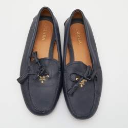 Pre Owned Prada Navy Blue Saffiano Leather Bow Slip On Loafers Size 39