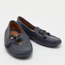 Pre Owned Prada Navy Blue Saffiano Leather Bow Slip On Loafers Size 39