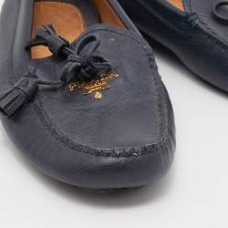 Pre Owned Prada Navy Blue Saffiano Leather Bow Slip On Loafers Size 39