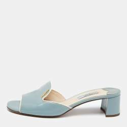 Pre Owned Prada Light Blue Saffiano Vernice Leather Slide Sandals Size 37.5