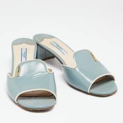 Pre Owned Prada Light Blue Saffiano Vernice Leather Slide Sandals Size 37.5