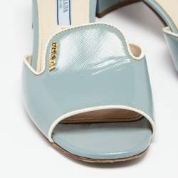 Pre Owned Prada Light Blue Saffiano Vernice Leather Slide Sandals Size 37.5