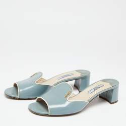 Pre Owned Prada Light Blue Saffiano Vernice Leather Slide Sandals Size 37.5