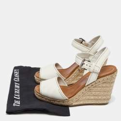 Pre Owned Prada White Leather Flaviana Open Toe Ankle Strap Wedge Sandals Size 40
