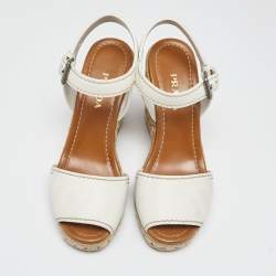 Pre Owned Prada White Leather Flaviana Open Toe Ankle Strap Wedge Sandals Size 40