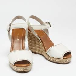 Pre Owned Prada White Leather Flaviana Open Toe Ankle Strap Wedge Sandals Size 40