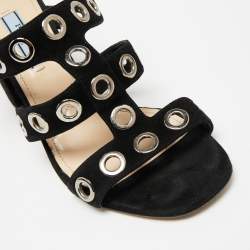Pre Owned Prada Black Suede Grommet Block Heel Slingback Sandals Size 37.5