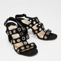Pre Owned Prada Black Suede Grommet Block Heel Slingback Sandals Size 37.5