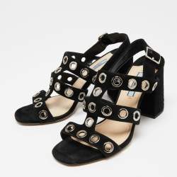 Pre Owned Prada Black Suede Grommet Block Heel Slingback Sandals Size 37.5