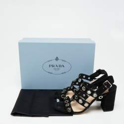 Pre Owned Prada Black Suede Grommet Block Heel Slingback Sandals Size 37.5