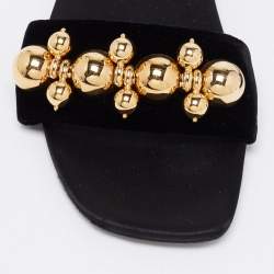 Pre Owned Prada Black Velvet Studded Flat Slides Size 41