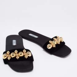 Pre Owned Prada Black Velvet Studded Flat Slides Size 41