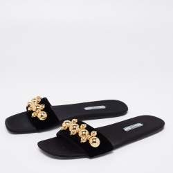 Pre Owned Prada Black Velvet Studded Flat Slides Size 41