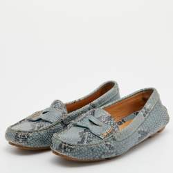 Pre Owned Prada Blue Snakeskin Embossed Leather Driver Loafers Size 35.5