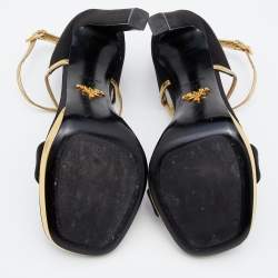 Pre Owned Prada Black/Gold Satin And Leather Criss Cross Ankle Strap Sandals Size 37