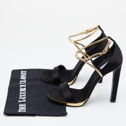 Pre Owned Prada Black/Gold Satin And Leather Criss Cross Ankle Strap Sandals Size 37