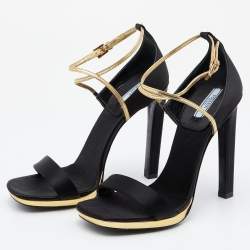 Pre Owned Prada Black/Gold Satin And Leather Criss Cross Ankle Strap Sandals Size 37