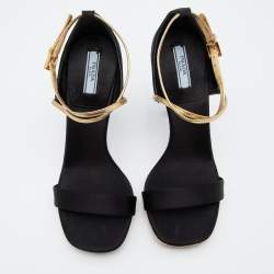 Pre Owned Prada Black/Gold Satin And Leather Criss Cross Ankle Strap Sandals Size 37