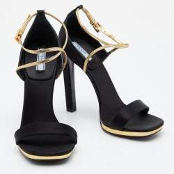 Pre Owned Prada Black/Gold Satin And Leather Criss Cross Ankle Strap Sandals Size 37