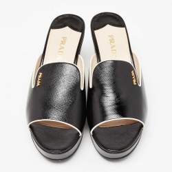 Pre Owned Prada Black Saffiano Patent Leather Wedge Slide Sandals Size 40