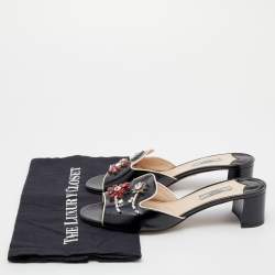 Prada Black Patent Saffiano Leather Crystal Embellished Slide Sandals Size 39.5