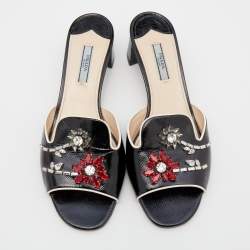 Prada Black Patent Saffiano Leather Crystal Embellished Slide Sandals Size 39.5