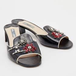 Prada Black Patent Saffiano Leather Crystal Embellished Slide Sandals Size 39.5