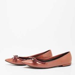 Pre Owned Prada Old Rose/Burgundy Patent Leather Bow Pointed-Toe Ballet Flats Size 38.5