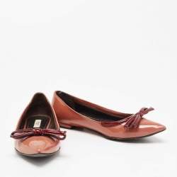 Pre Owned Prada Old Rose/Burgundy Patent Leather Bow Pointed-Toe Ballet Flats Size 38.5