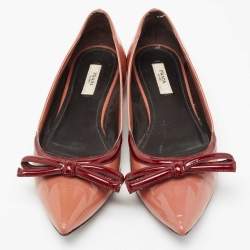 Pre Owned Prada Old Rose/Burgundy Patent Leather Bow Pointed-Toe Ballet Flats Size 38.5