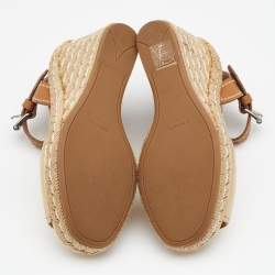 Pre Owned Prada Metallic Gold/Brown Leather Espadrille Wedge Sandals Size 37