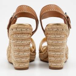 Pre Owned Prada Metallic Gold/Brown Leather Espadrille Wedge Sandals Size 37
