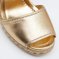 Pre Owned Prada Metallic Gold/Brown Leather Espadrille Wedge Sandals Size 37