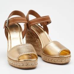 Pre Owned Prada Metallic Gold/Brown Leather Espadrille Wedge Sandals Size 37