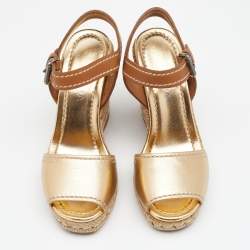 Pre Owned Prada Metallic Gold/Brown Leather Espadrille Wedge Sandals Size 37