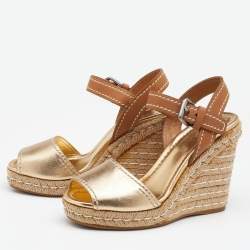 Pre Owned Prada Metallic Gold/Brown Leather Espadrille Wedge Sandals Size 37