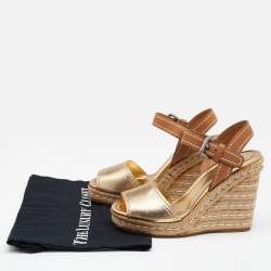 Pre Owned Prada Metallic Gold/Brown Leather Espadrille Wedge Sandals Size 37