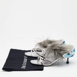 Pre Owned Prada Metallic Silver Leather and Ostrich Feather Slingback Sandals Size 37