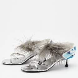 Pre Owned Prada Metallic Silver Leather and Ostrich Feather Slingback Sandals Size 37