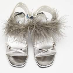 Pre Owned Prada Metallic Silver Leather and Ostrich Feather Slingback Sandals Size 37