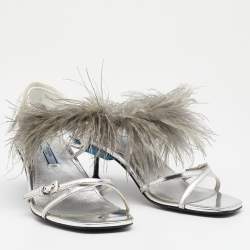 Pre Owned Prada Metallic Silver Leather and Ostrich Feather Slingback Sandals Size 37