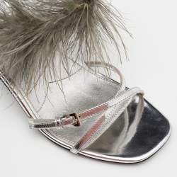 Pre Owned Prada Metallic Silver Leather and Ostrich Feather Slingback Sandals Size 37