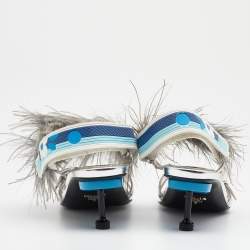 Pre Owned Prada Metallic Silver Leather and Ostrich Feather Slingback Sandals Size 37