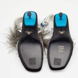 Pre Owned Prada Metallic Silver Leather and Ostrich Feather Slingback Sandals Size 37