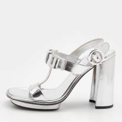Pre Owned Prada Metallic Silver Leather T-Strap Platform Sandals Size 37